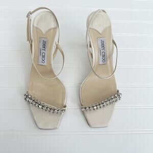 Jimmy Choo Meira 85 Heeled Sandals Off-White Latte Crystal Rhinestone Heels 38.5